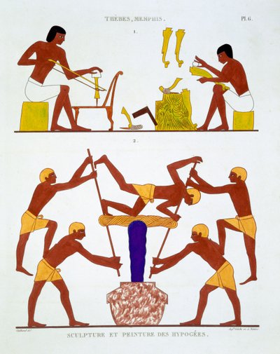 Carpentry and Dyeing ClothYarn, from a Rare Record of Frescoes from Thebes, recorded 1819-1822 on his second visit to Egypt by Frederic Cailliaud (1787-1869) by Frederic Cailliaud